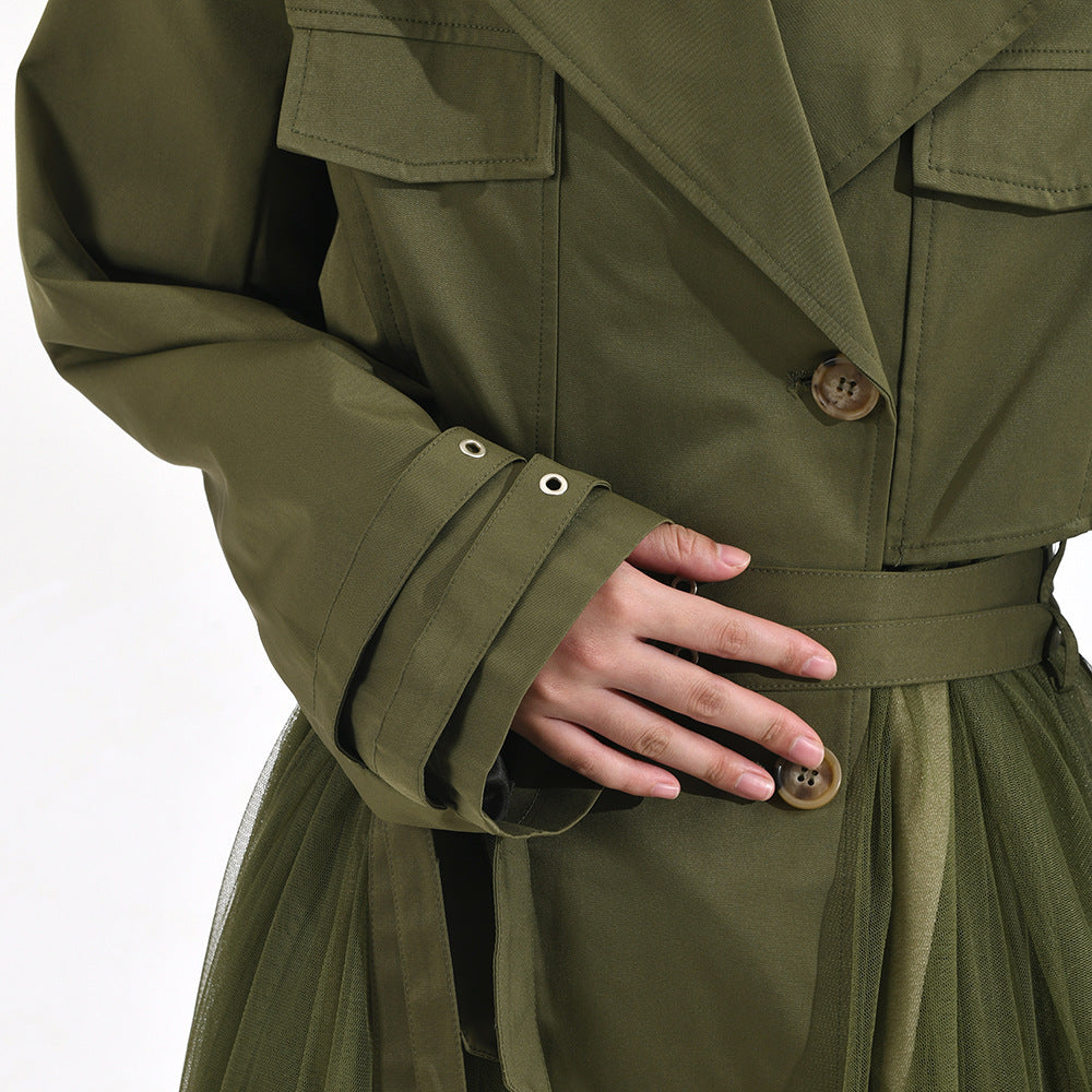 Stitching Green Windbreaker Coat