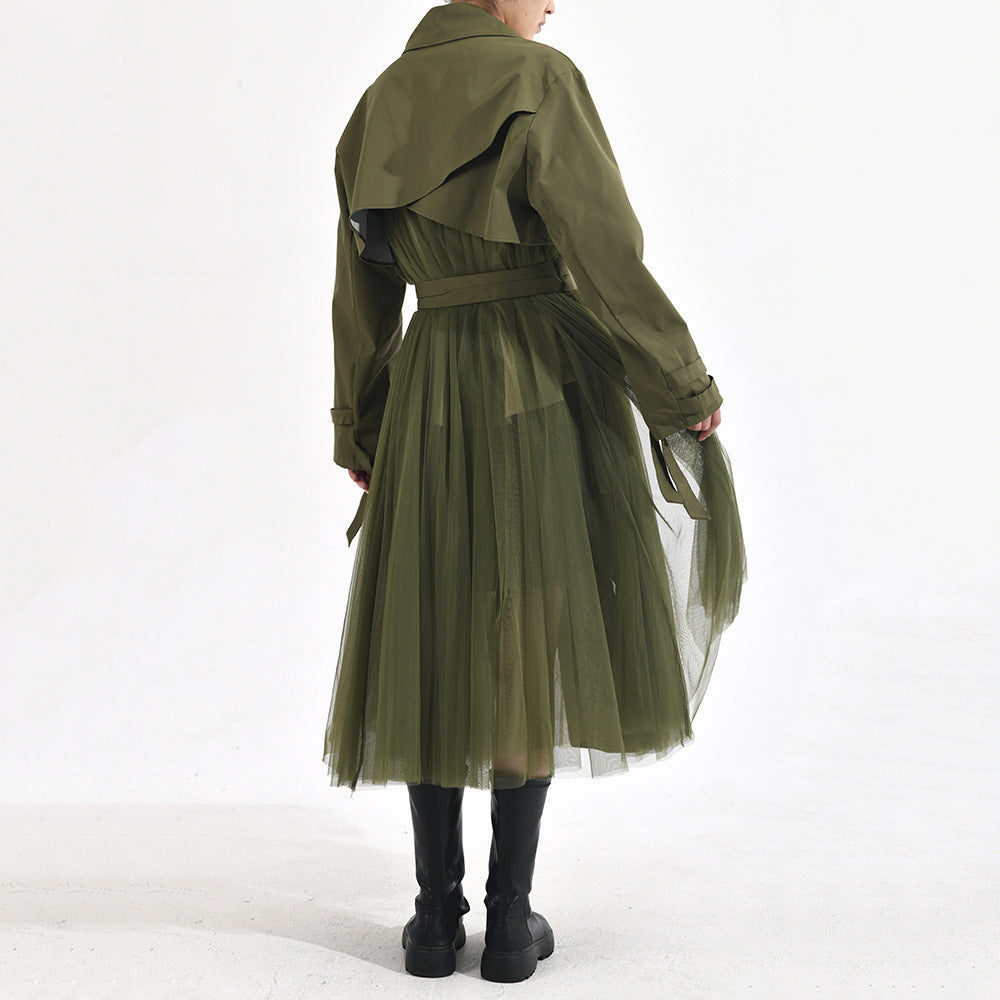 Stitching Green Windbreaker Coat