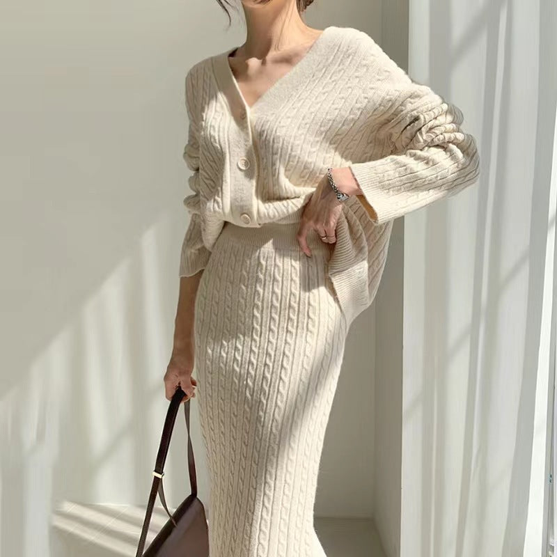 V-neck Pattern Knitted Cardigan Sweater High Waist Skirt