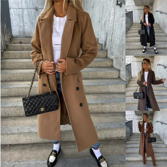 Long Sleeve Lapel Button Split Woolen Coat