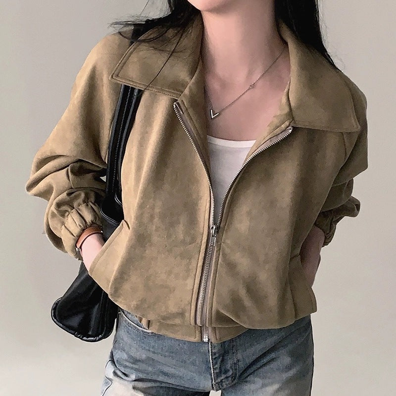 French Vintage Lapel Zip-up Suede Feeling Loose With Long Sleeves