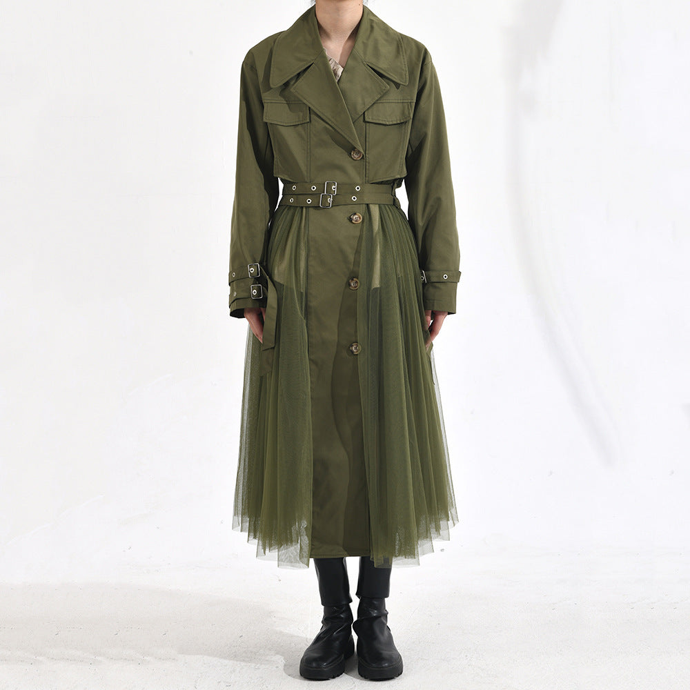 Stitching Green Windbreaker Coat