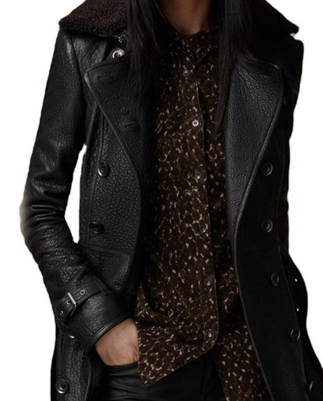 Women's Fur Collar Leather Coat Mid-length