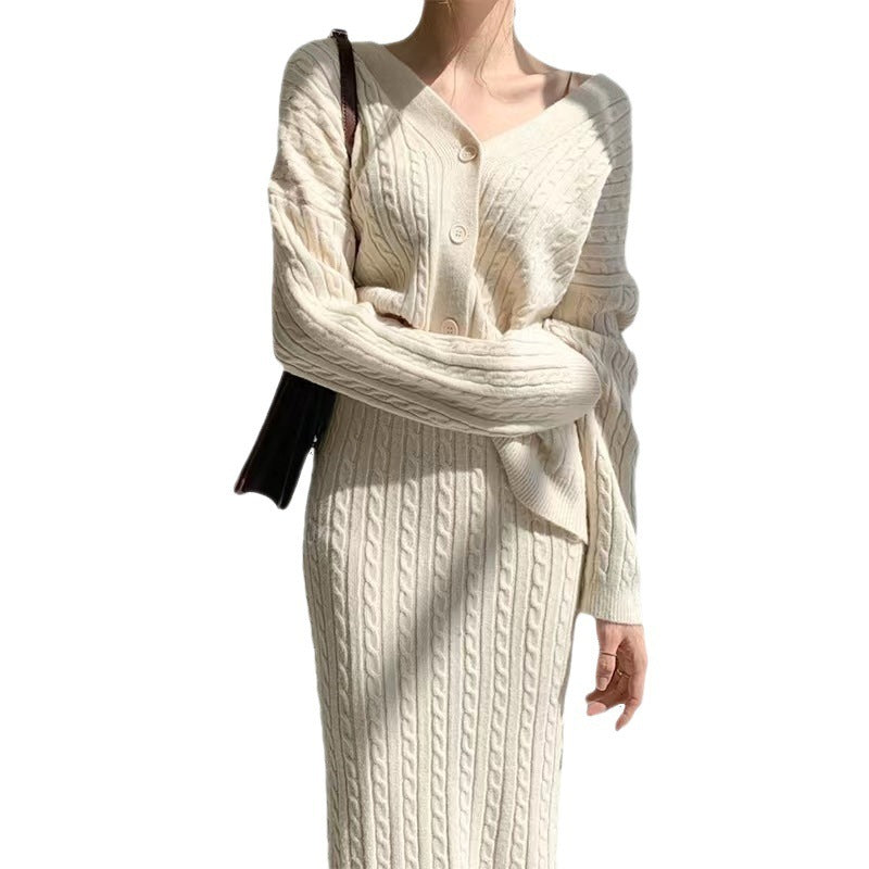 V-neck Pattern Knitted Cardigan Sweater High Waist Skirt